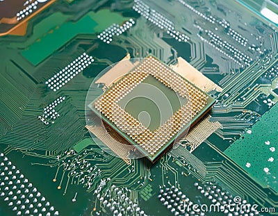 A detailed view of a CPU on a green circuit board, symbolizing technology and computation Stock Photo