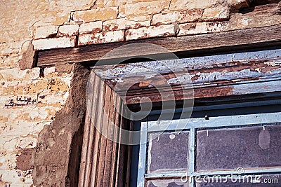 Detailed view derelict building window frame wall Stock Photo