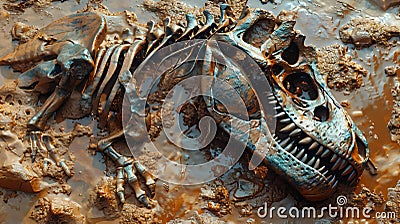 Detailed view of a dinosaur skeleton fossil embedded in rocky soil, showcasing ancient prehistoric life and fossilization process Stock Photo
