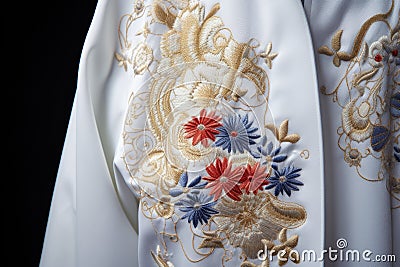 detailed view of a gi with embroidered judo kanji symbols Stock Photo