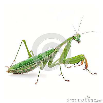 A detailed view of a green praying mantis in a hunting pose, isolated on white background Ai Stock Photo