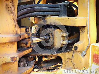 Detailed view of the hydraulic system and the juncture on the excavator Stock Photo