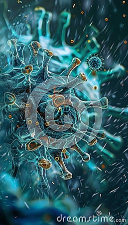 Detailed view of intricate virus particle structure under microscope, highlighting components Stock Photo