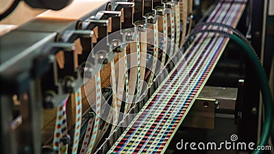 A detailed view of a labeling machine applying vibrant labels onto an array of products featuring a cascading flow of Stock Photo