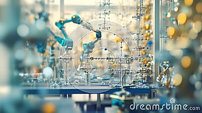 A detailed view of a laboratory bench where robotic arms are meticulously assembling complex structures emphasizing Stock Photo