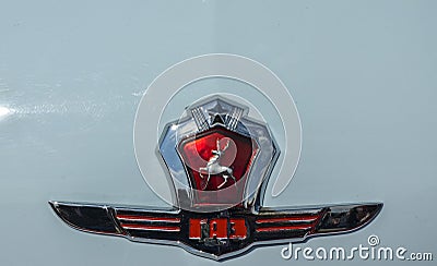 Detailed view of mascot and logo a retro Gaz Volga car, soviet car manufacturer Editorial Stock Photo