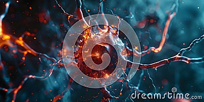 A detailed view of a neural network synapse firing in the brain. Concept Neuroscience, Synaptic Stock Photo