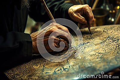 A detailed view of a persons hand as they write with a pen on a piece of metal, A calligrapher crafting intricate Arabic script, Stock Photo