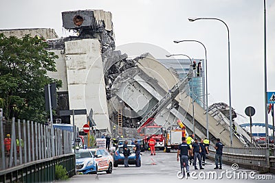 The collapse of suspension bridge Morandi Ponte Morandi Editorial Stock Photo