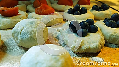 Detailed view of the preparation of traditional apricot and blueberry dumplings ready for further processing on a rolling board Stock Photo