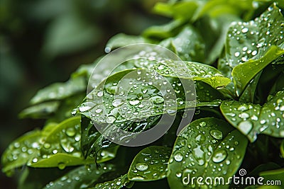 A detailed view of raindrops clinging to the lush leaves of a plant Stock Photo