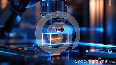 A detailed view of a robotic arm equipped with sensors precisely picking up a material container with a glowing tracking Stock Photo