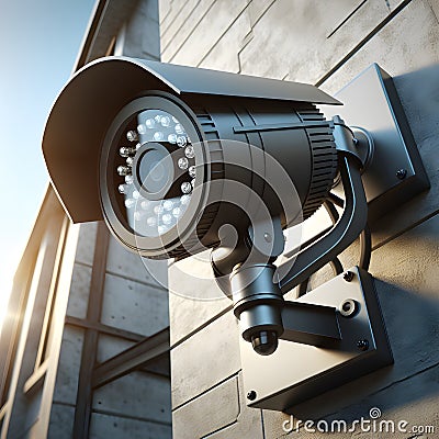 Detailed view of a security camera mounted on the exterior wall of a building Stock Photo