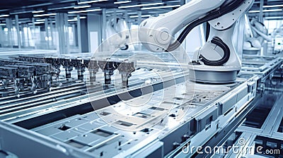 This detailed view showcases an advanced automated assembly line where robot manipulators efficiently produce electric Stock Photo