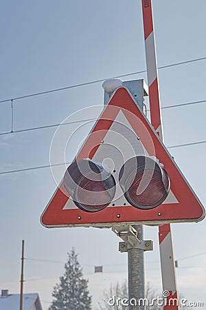 Snow-Capped Railway Crossing Sign in Dugo Selo, Croatia Stock Photo