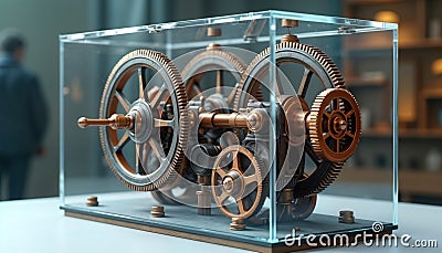 Detailed view of steering gear box. Mechanism inside transparent box. Gears rotate dynamically. Engineering design. Industrial Stock Photo