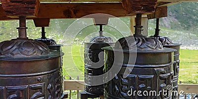 Beautiful image of tibetan bells in a mountain landscape Stock Photo