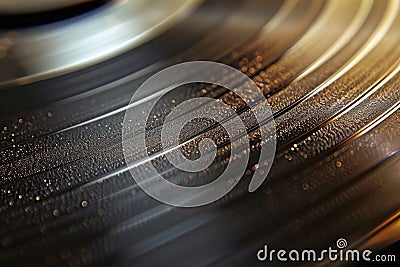 A detailed view of the turntable of a record player, showing the rotating vinyl disc and the needle tracking along its grooves, Stock Photo