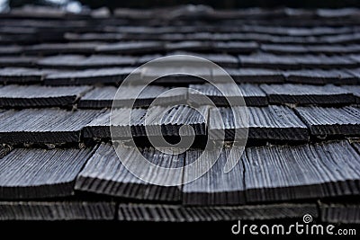 detailed view of a very old wooden roof of a forgotten mountain cottage Stock Photo