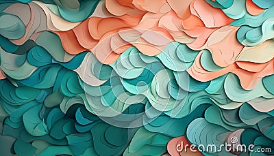 Detailed view of a wave-like pattern created by layered gradient turquoise and peach color paper sheets, forming a textured Stock Photo