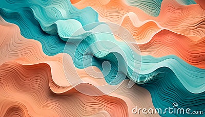 Detailed view of a wave-like pattern created by layered gradient turquoise and peach color paper sheets, forming a textured Stock Photo