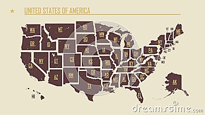 Detailed vintage map of the United States of America split into individual states with the abbreviations 50 states, vector Vector Illustration