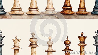 Detailed Watercolor Chess Pieces Seamless Pattern AI Generated Cartoon Illustration