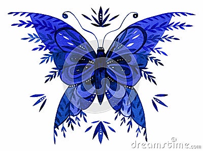 Detailed watercolor illustration of a butterfly in classic blue colors Panton 2020 Cartoon Illustration
