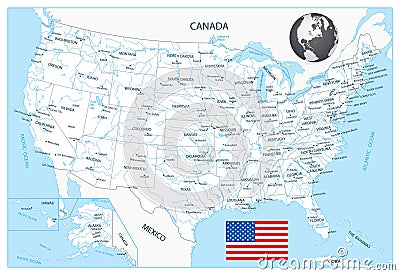 Detailed white map of USA with cities and towns Vector Illustration