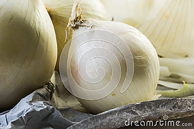 Detailed white onions on paper - close up macro shot Stock Photo