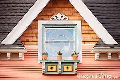 detailed woodwork on colonial dormer window frames Stock Photo