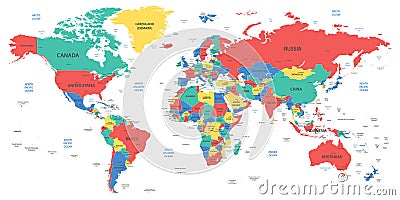 Detailed world map with borders, countries and cities Vector Illustration