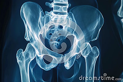 Detailed X-Ray Image of a Human Skeleton With All Bones Intact, X-ray film of a human hip joint in 3D, AI Generated Stock Photo