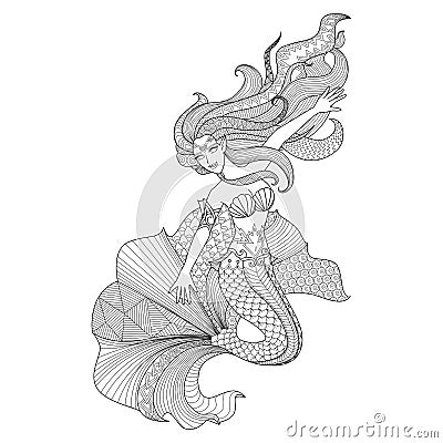 Detailed zentangle mermaid for coloring page Vector Illustration