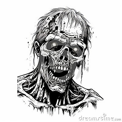 Detailed Zombie Head Drawing On White Background Cartoon Illustration