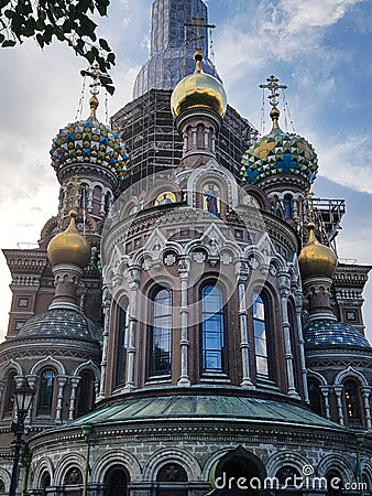 Details of the architectural design and decoration of the facade of the Orthodox Cathedral Editorial Stock Photo