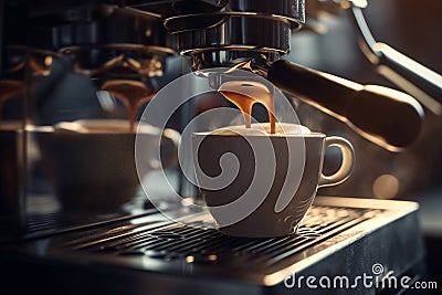 Details of barista preparing fresh espresso on industrial brewing machinery Stock Photo