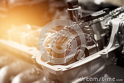 Details of car engine chain and gears Stock Photo