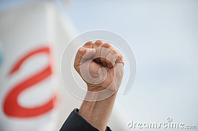 Details with the closed fist of an angry protestor during a political rally Stock Photo