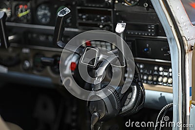 Details with the cockpit and electronic equipments of a light aircraft Stock Photo