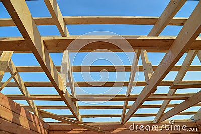 Details of construction wooden roof, roofing timber structure system. Stock Photo