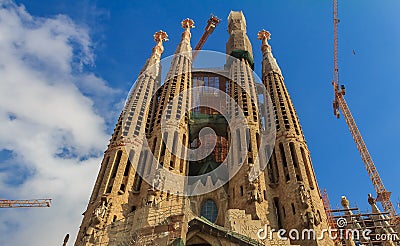 Facade of the famous Sagrada Familia Cathedral, building designed by Antoni Gaudi, which is being build since March 19, 1882. one Editorial Stock Photo