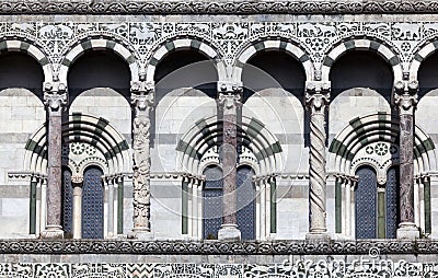 Details of the facade of the San Martino Cathedral in Lucca Stock Photo