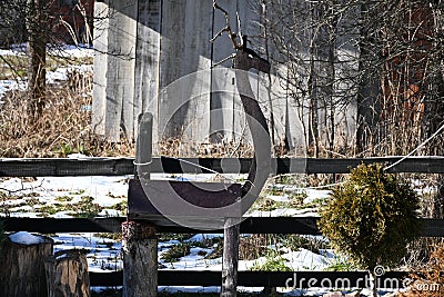 Details on the farm are decorated with deer-shaped wood Stock Photo