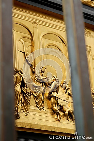 Detail of the Doors of Paradise in Battistero di San Giovanni, Florence, Italy. Editorial Stock Photo