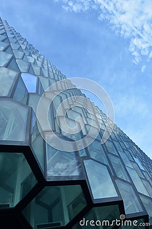 Details of the hexagonal glass windows of icelandic concert hall Editorial Stock Photo