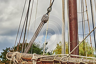 Details of a historic sailing boat anchored in the port of the hanseatic city of Greifswald Stock Photo