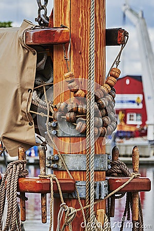 Details of a historic sailing boat anchored in the port of the hanseatic city of Greifswald Stock Photo