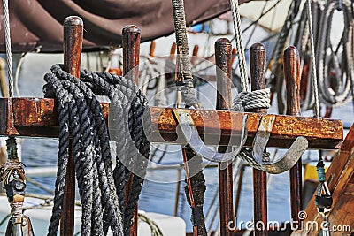 Details of a historic sailing boat anchored in the port of the hanseatic city of Greifswald Stock Photo
