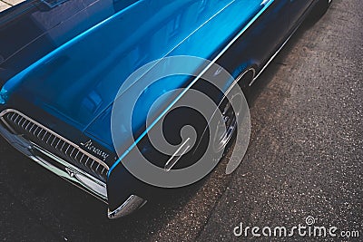 Details of the historic vintage car Mercury with blue paint Editorial Stock Photo